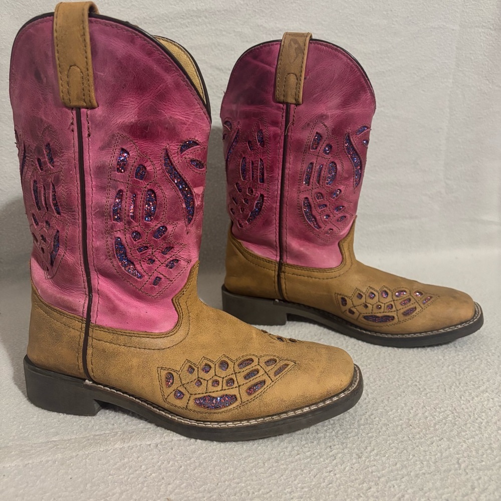 Shyanne Pink and Tan Western Chloe Glitter Boots Square Toe Size 5 D